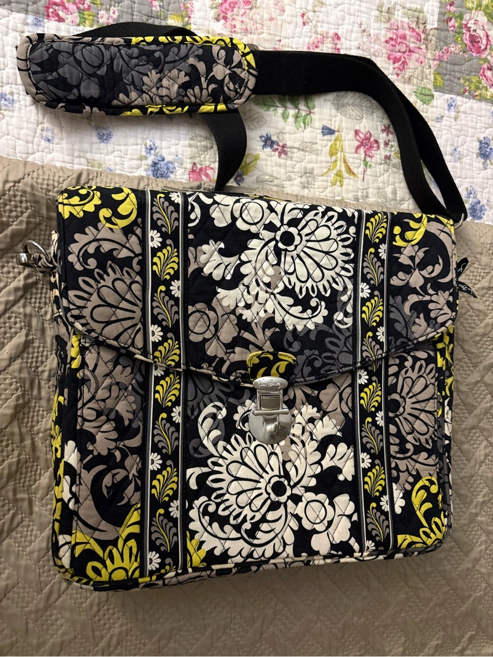 Vera Bradley Quilted Floral Messenger Bag - Black & Yellow